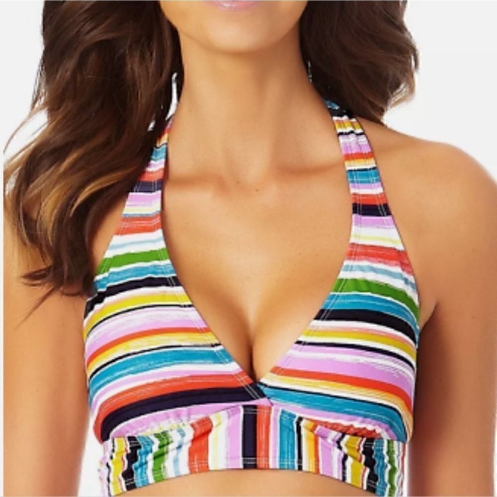 Anne Cole Striped Lined Banded Halter Bikini Top. Size D.